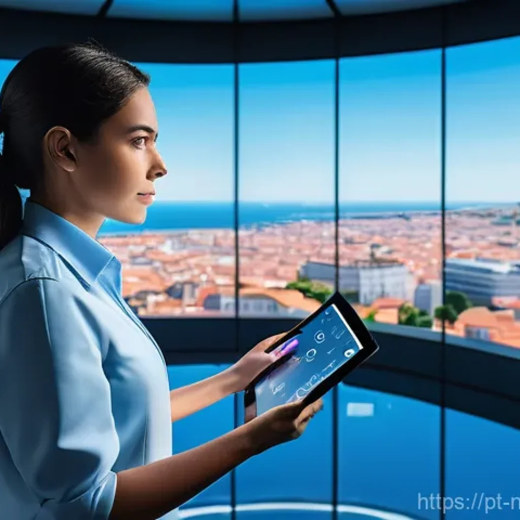 물 관리의 비전과 미래 방향 - **Prompt:** A futuristic, bright control room within a modern Portuguese city, showcasing advanced w...