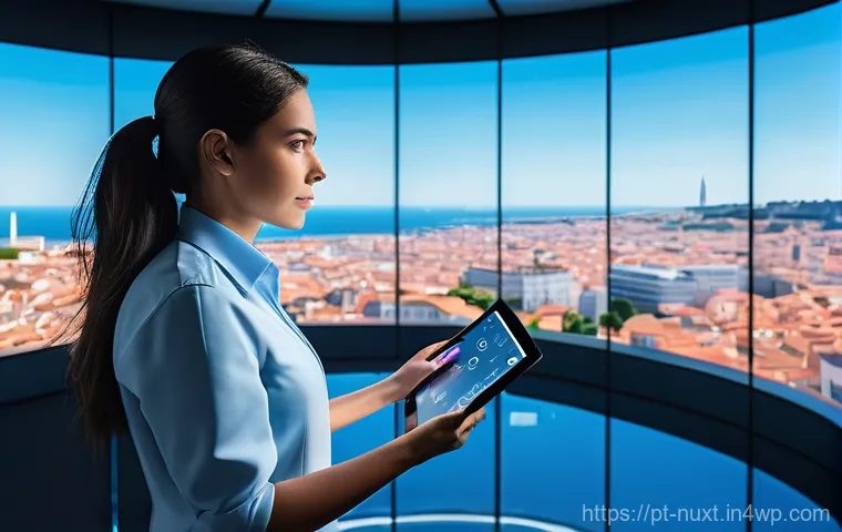 물 관리의 비전과 미래 방향 - **Prompt:** A futuristic, bright control room within a modern Portuguese city, showcasing advanced w...