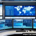 Home 19 수자원 관리에서의 성과 평가 방법 - A modern urban water distribution control room with large digital screens displaying Geographic Info...