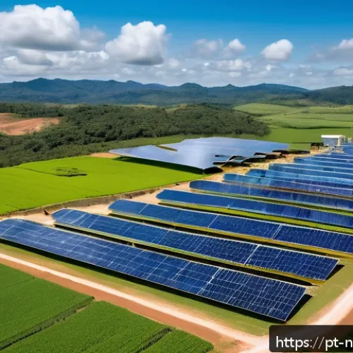 Home 33 통합 수자원 관리에서의 재생 가능 에너지 활용 - A modern water treatment facility in a rural Brazilian setting, equipped with large solar panel arra...