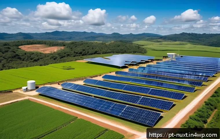 통합 수자원 관리에서의 재생 가능 에너지 활용 - A modern water treatment facility in a rural Brazilian setting, equipped with large solar panel arra...