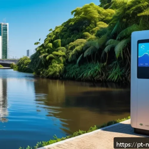 Home 32 수자원 관리의 글로벌 트렌드 - A futuristic Brazilian urban water monitoring station featuring smart sensors installed on a riverba...