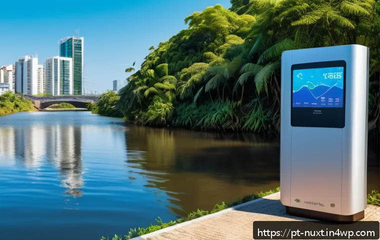 수자원 관리의 글로벌 트렌드 - A futuristic Brazilian urban water monitoring station featuring smart sensors installed on a riverba...