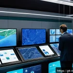 Home 19 물 관리의 혁신을 위한 벤처 기업 - A futuristic urban water management control room filled with digital screens displaying real-time Io...