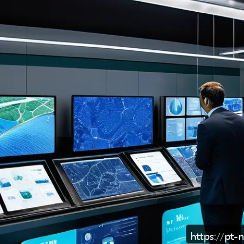 Home 31 물 관리의 혁신을 위한 벤처 기업 - A futuristic urban water management control room filled with digital screens displaying real-time Io...