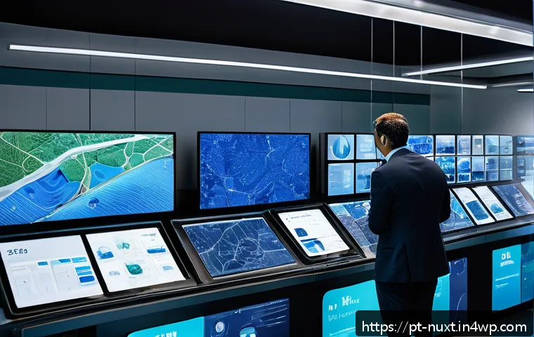 물 관리의 혁신을 위한 벤처 기업 - A futuristic urban water management control room filled with digital screens displaying real-time Io...