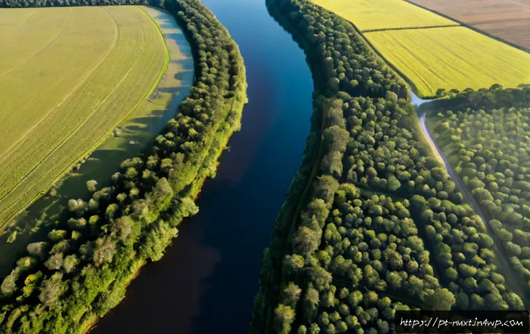 Home 17 통합 수자원 관리와 생태계 보전 - Photorealistic aerial view of an integrated water management landscape in Brazil, a clear river flow...