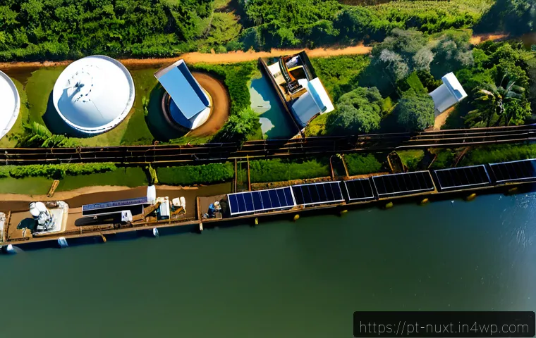 Home 17 물 관리의 글로벌 이니셔티브 - Photorealistic aerial view of a modern water treatment facility beside a broad Brazilian river, dive...